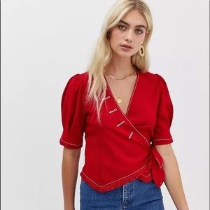 Red Wrap Puff-Sleeve Top by Unknown Brand